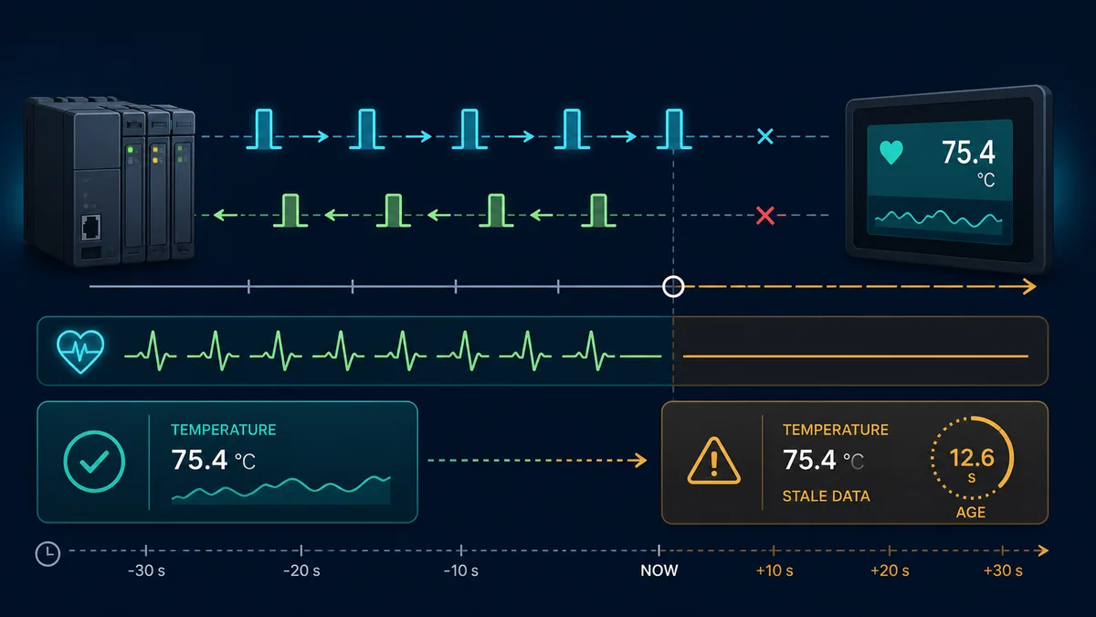 Modbus request response pulses stopping as an HMI value changes from healthy to stale and displays its data age