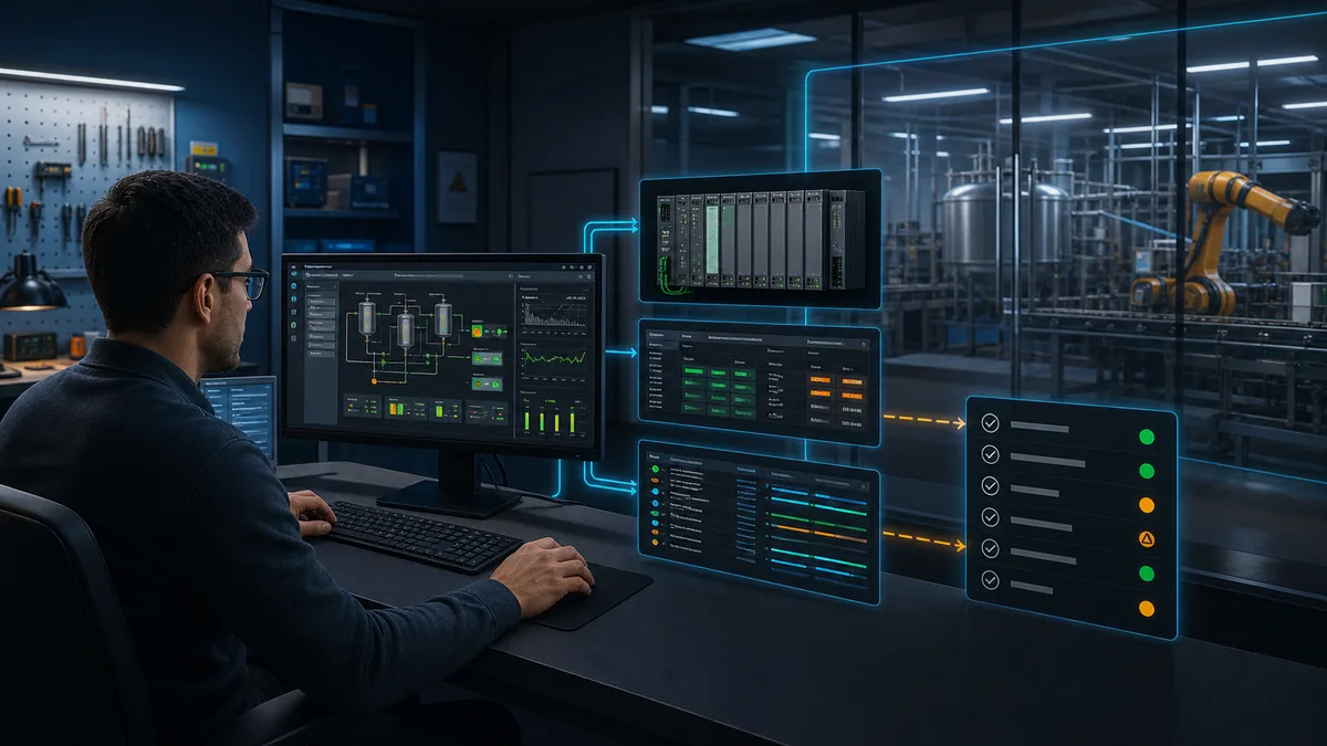 Engineer testing a virtual HMI PLC register monitor packet trace and commissioning checklist before controlled plant deployment
