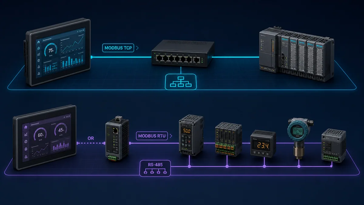 Conceptual comparison of an HMI and PLC connected through Modbus TCP and an HMI gateway connected to an RS-485 Modbus RTU device chain