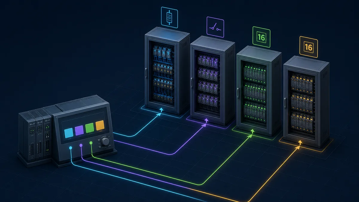Conceptual PLC interface separating two single-bit tables and two sixteen-bit Modbus register tables into four colored banks