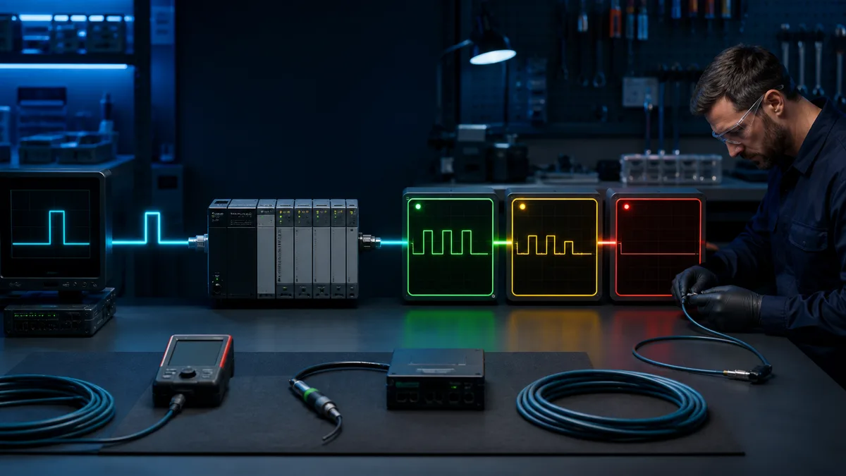 Technician comparing three color-coded Modbus transaction outcomes on an isolated industrial communication test bench