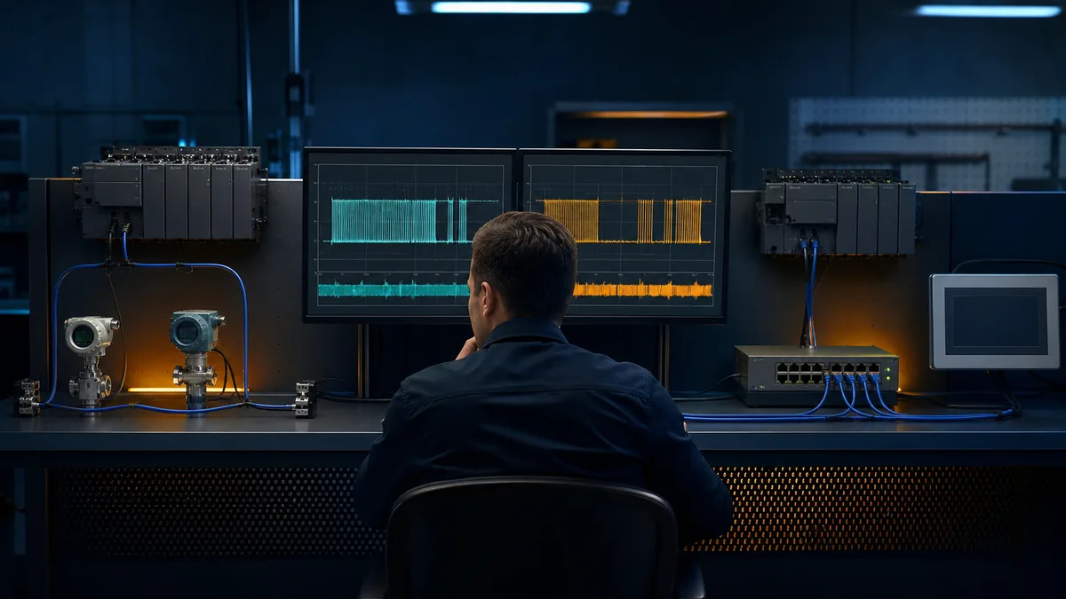 Engineer comparing serial timing traces with Ethernet traffic on two isolated vendor-neutral PLC communication benches
