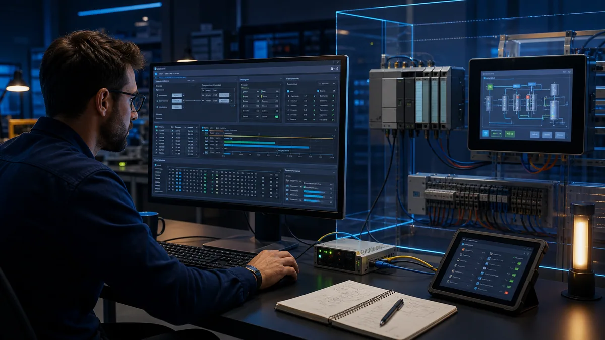 Engineer using Modbus simulator and register monitor to prove offset base raw words word order and scaling before PLC HMI integration