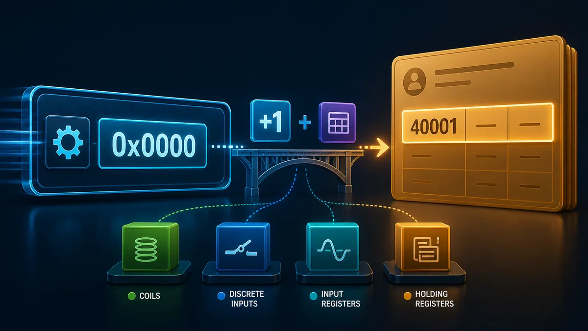 Zero-based Modbus protocol offset zero translated to one-based holding-register reference 40001 outside the wire request