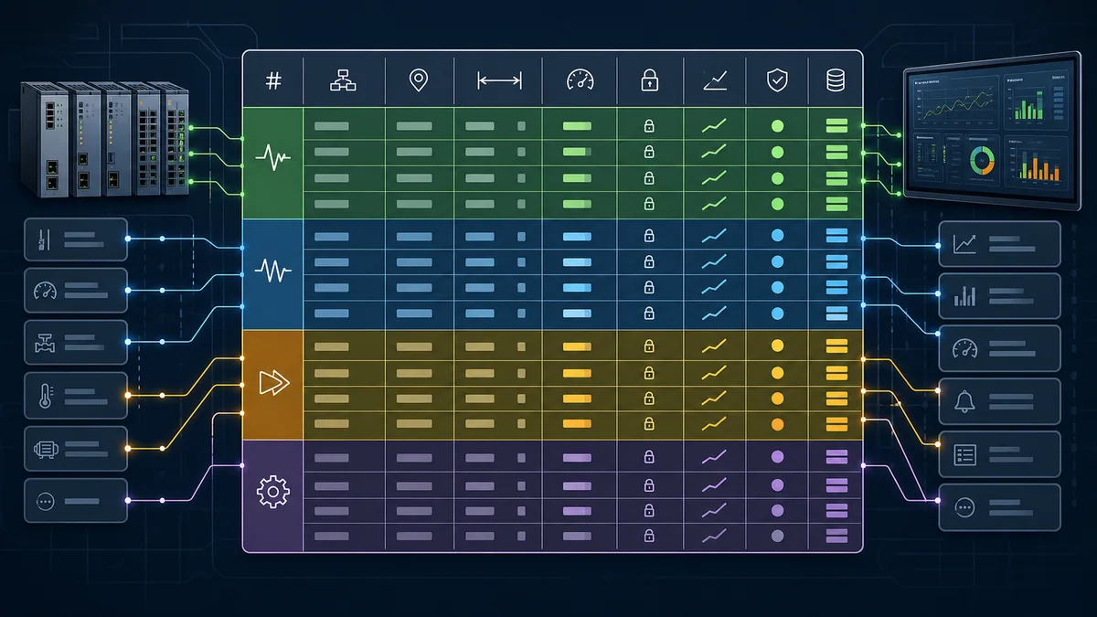 Structured Modbus register-map contract linking PLC variables to HMI tags with fields for address width scale access quality and version