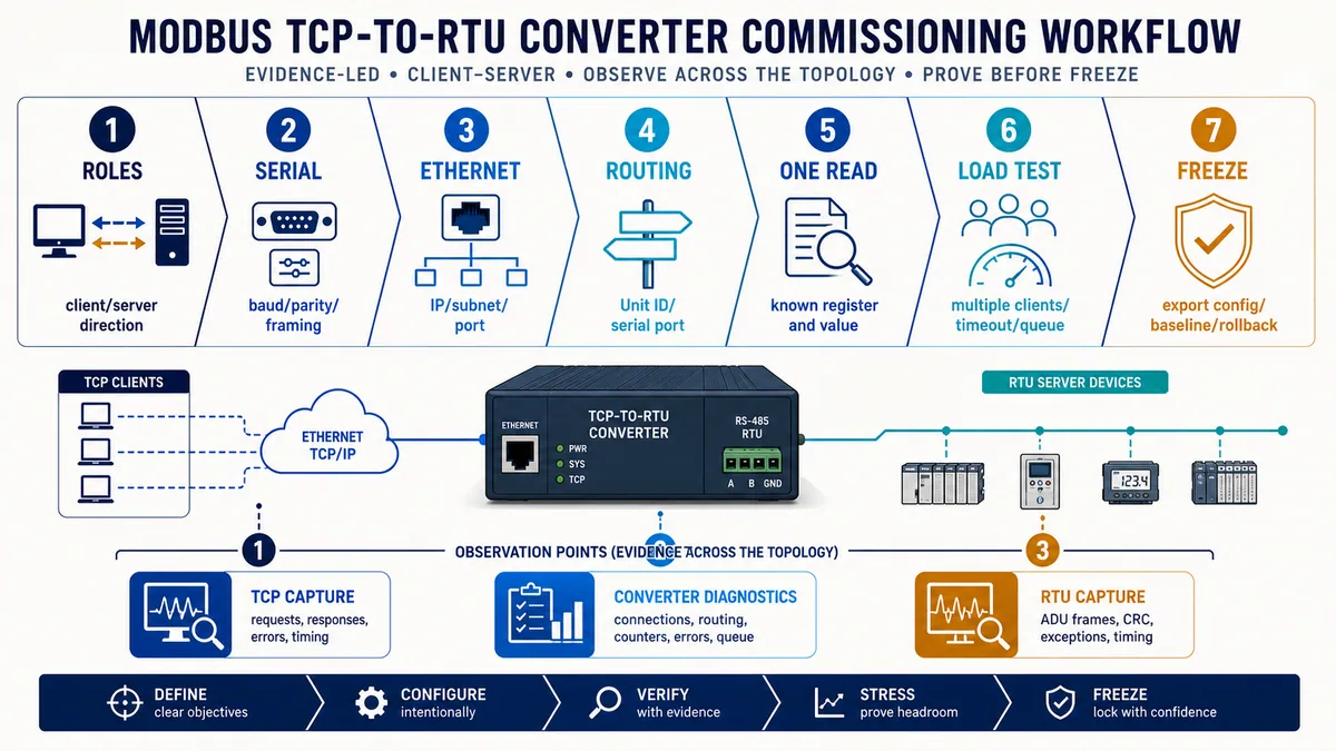Seven-stage evidence-led Modbus TCP to RTU converter commissioning workflow with TCP converter and RTU observation points