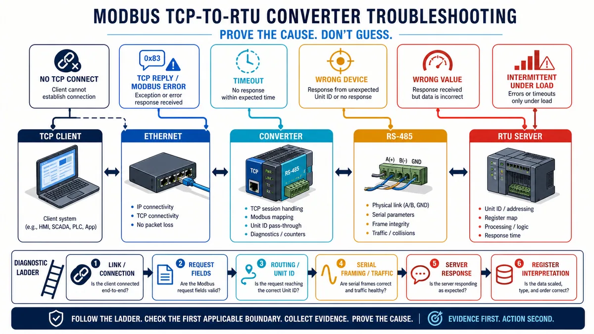 Modbus TCP converter troubleshooting boundaries from TCP client through Ethernet converter and RS-485 to the RTU server