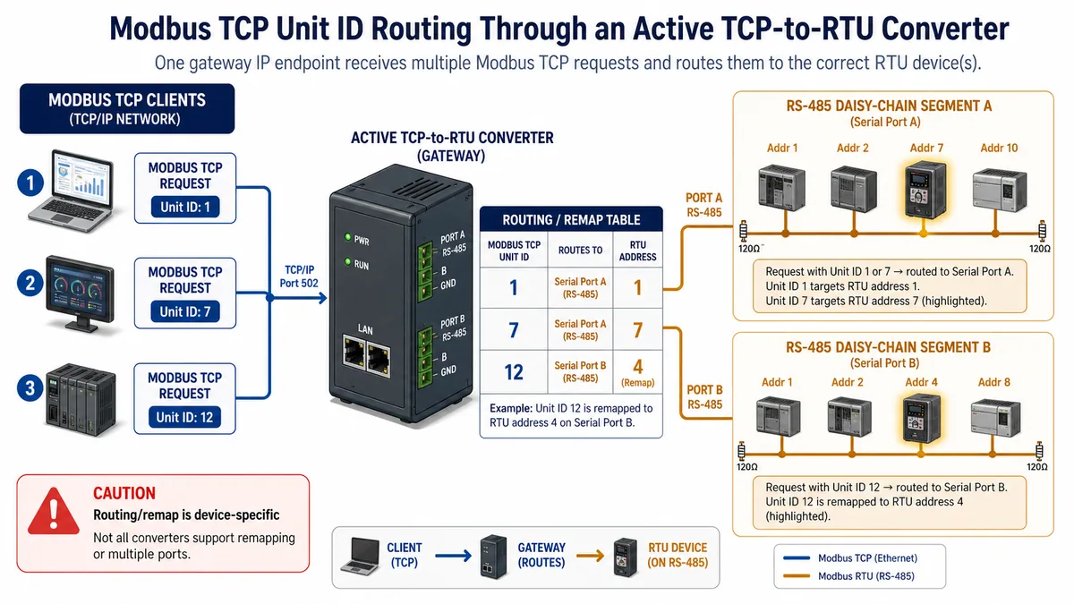 Device-specific Modbus Unit ID routing table mapping TCP requests to two RS-485 ports and RTU server addresses