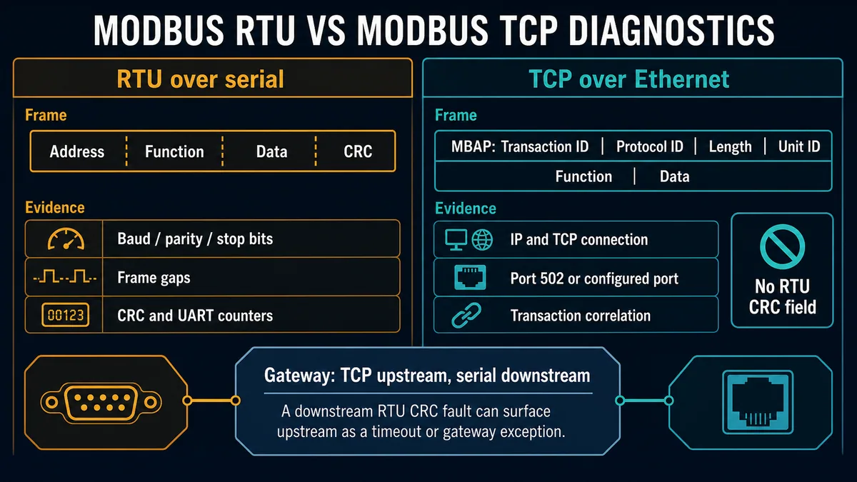 Side-by-side diagnostic comparison of Modbus RTU address function data CRC fields and Modbus TCP MBAP plus PDU fields through a gateway