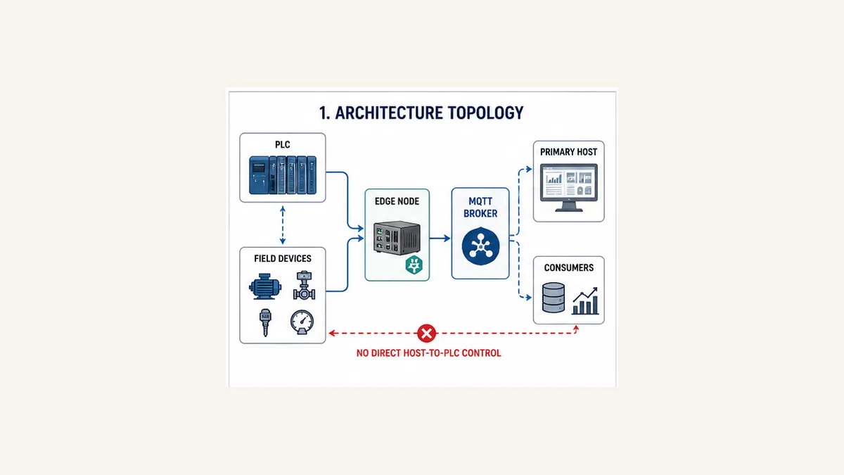 MQTT Sparkplug topology with PLC and field devices connected to an Edge Node through a broker to a Primary Host and consumers
