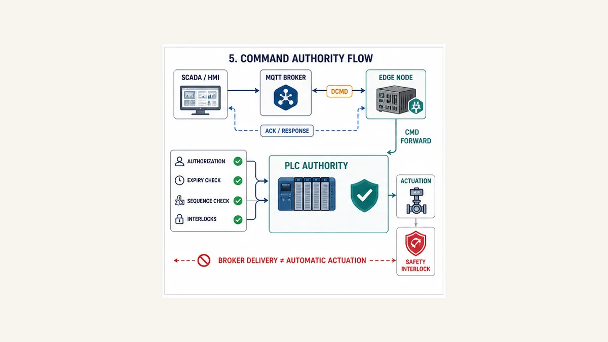 Sparkplug device command flowing through broker and Edge Node to PLC validation with separate acknowledgment and safety interlock