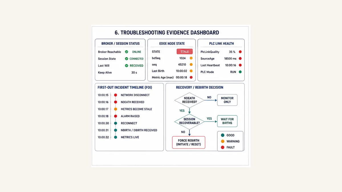 Sparkplug troubleshooting dashboard with broker session Edge Node state PLC link health sequence birth and rebirth evidence