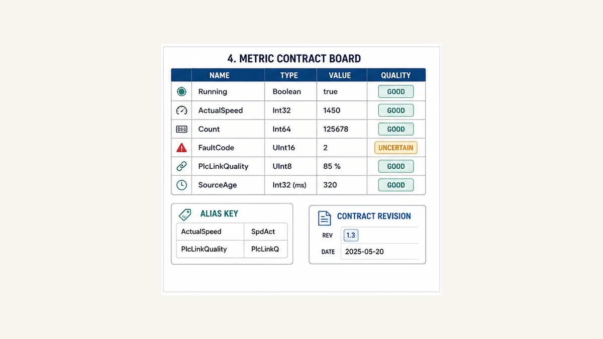 Sparkplug metric contract showing names types values quality aliases and controlled revision