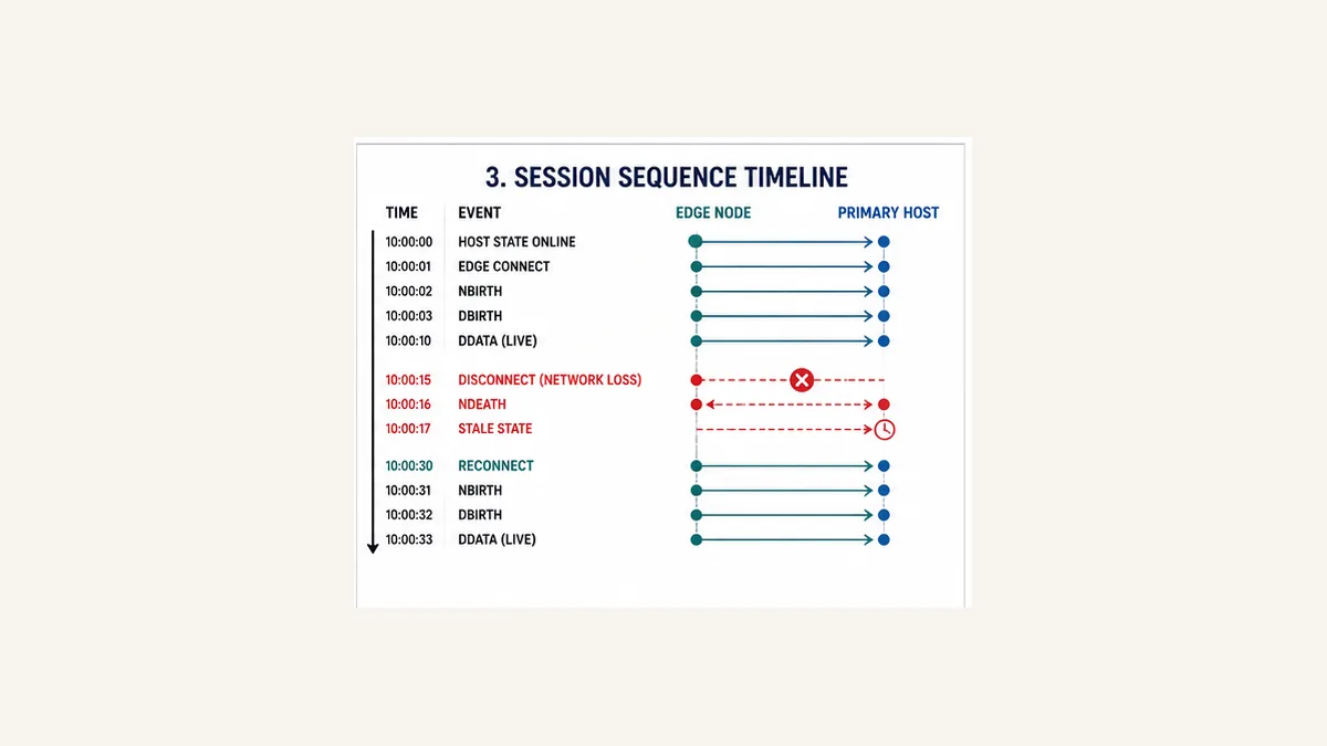 Sparkplug session sequence from Primary Host online through Edge Node birth device birth data network loss NDEATH stale state and reconnect
