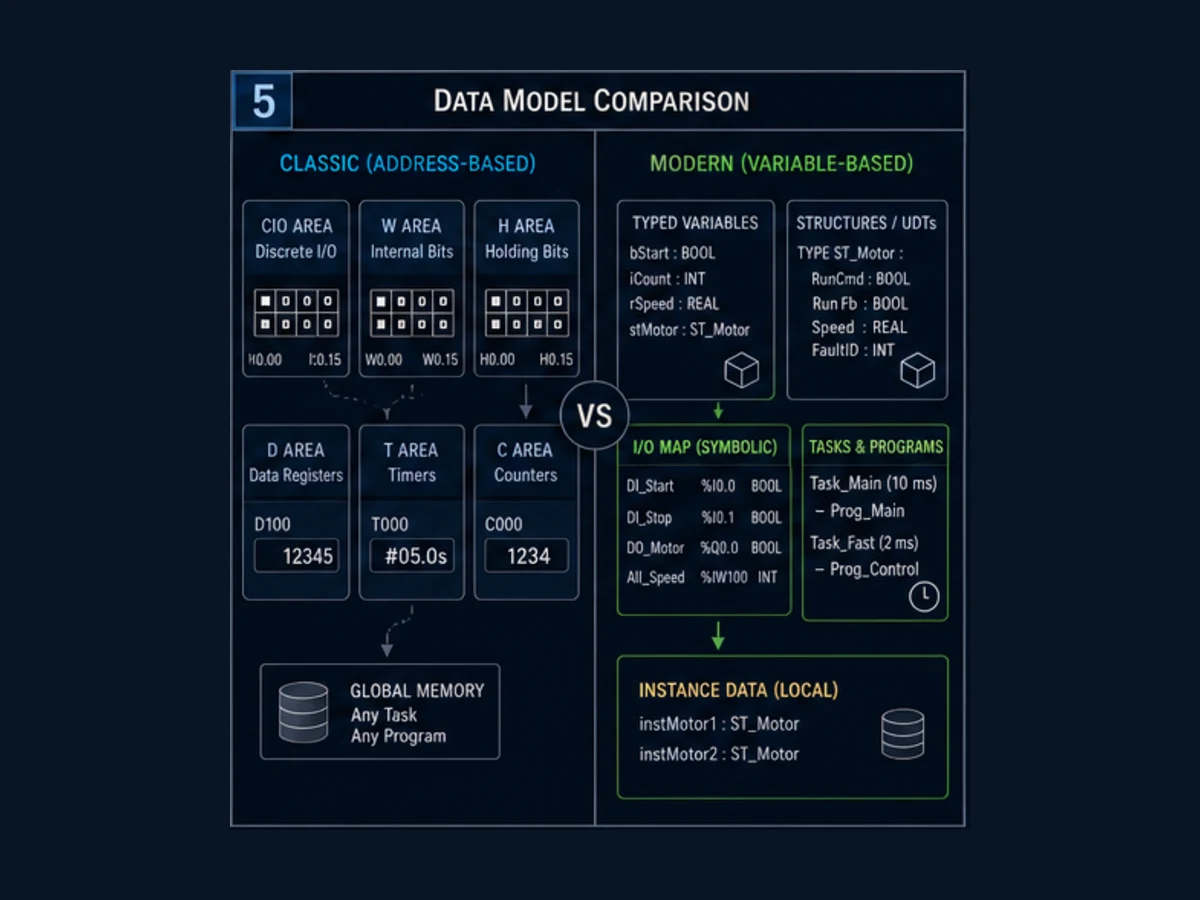 Classic Omron CIO Work Holding Data Timer Counter address areas compared with Sysmac named variables structures I O map and task program instances