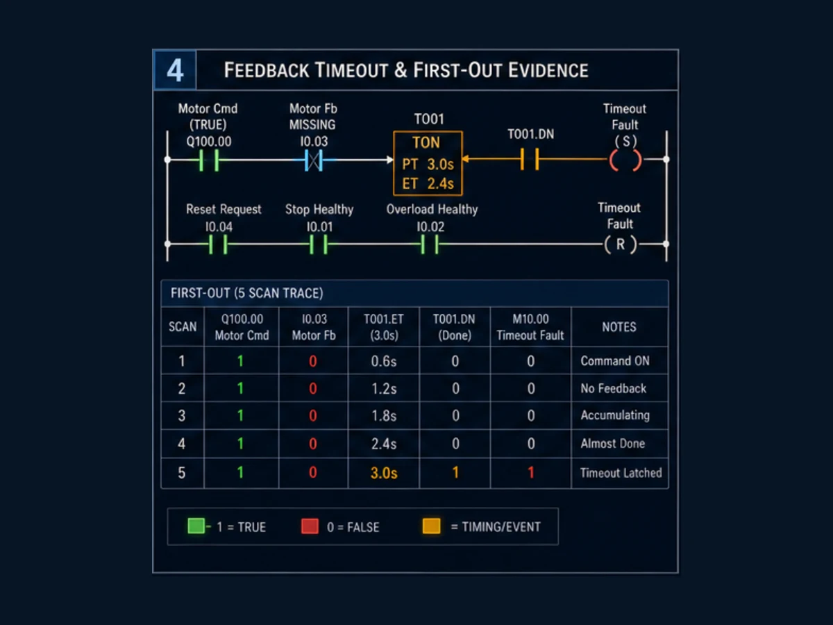 Conceptual Omron ladder feedback timeout with motor command true feedback missing three-second on-delay first-out fault latch safe reset and five-scan trace