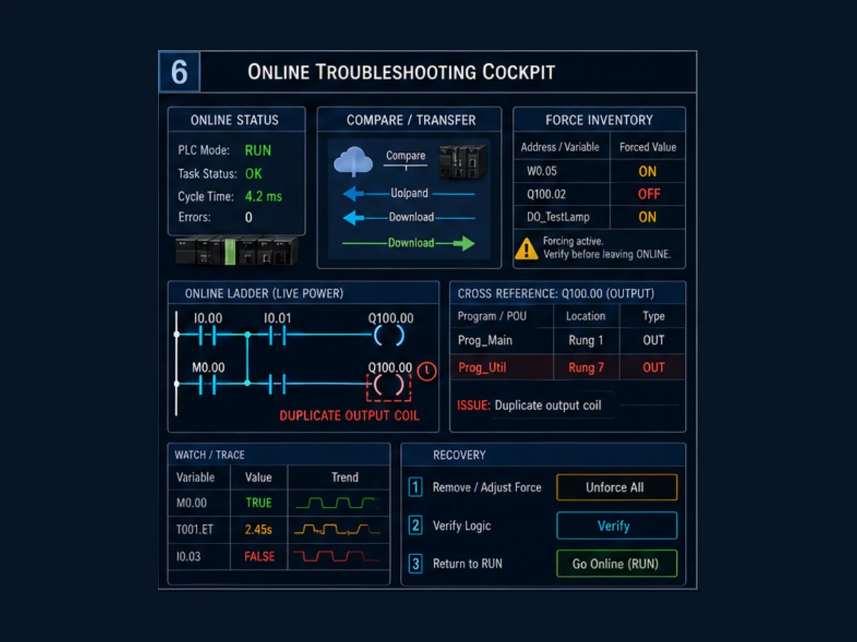 Conceptual Omron ladder online troubleshooting cockpit with live power cross-reference duplicate coil compare transfer watch trace mode force inventory and unforce verification