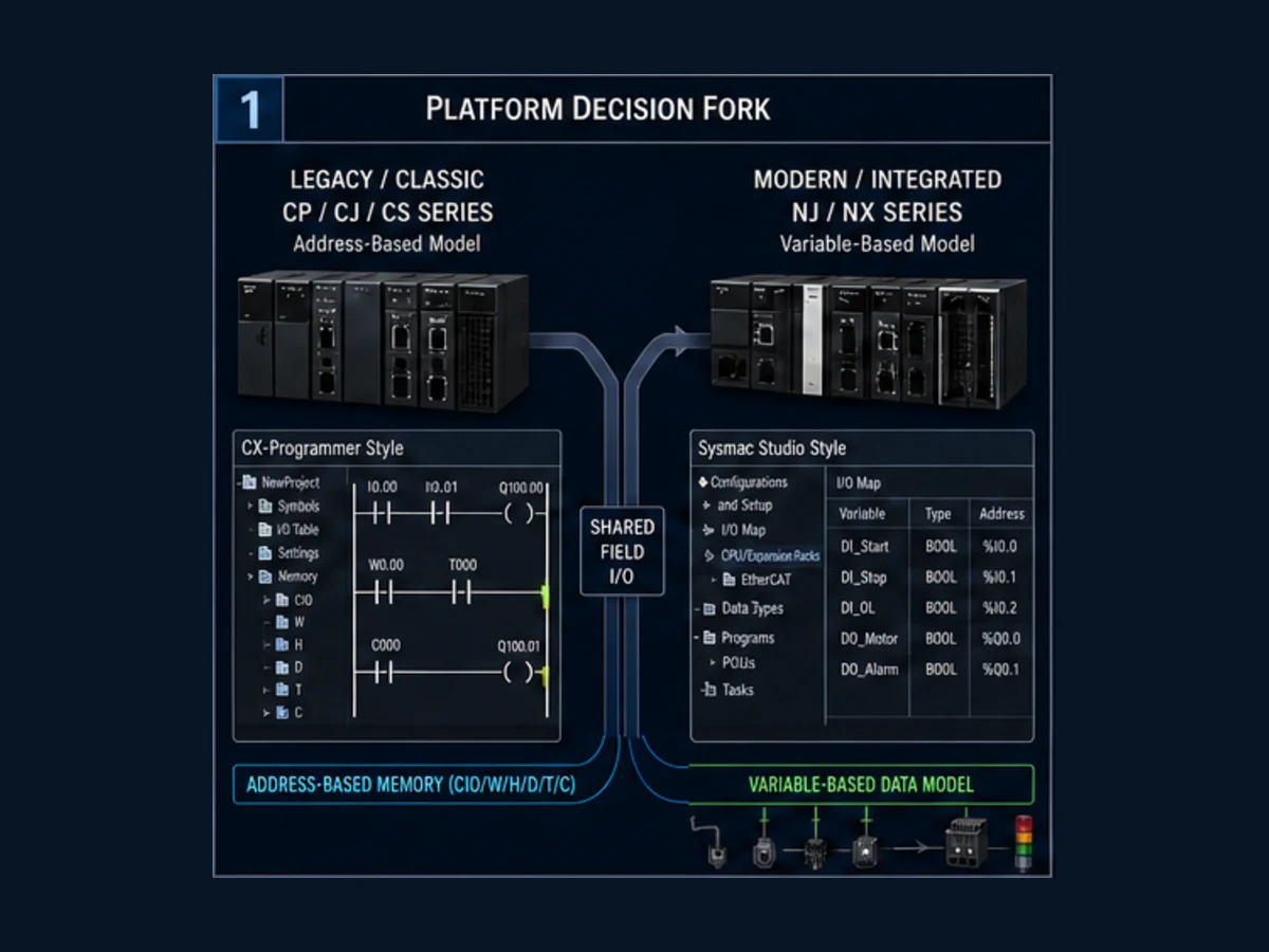 Conceptual decision fork between classic Omron CP CJ CS address-based ladder in CX-Programmer and modern NJ NX variable-based ladder in Sysmac Studio
