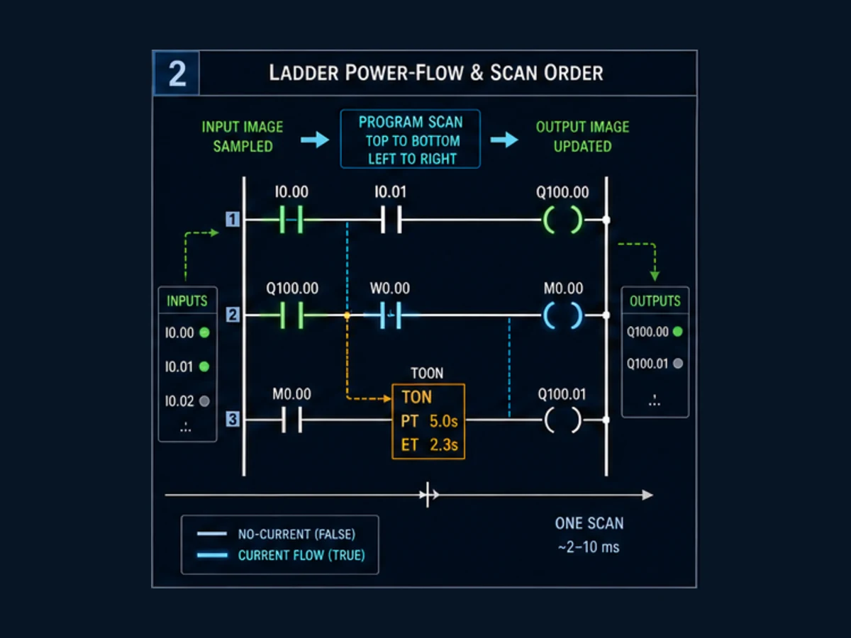 Conceptual Omron ladder power flow from sampled input image through top-to-bottom left-to-right rung execution to internal and physical outputs