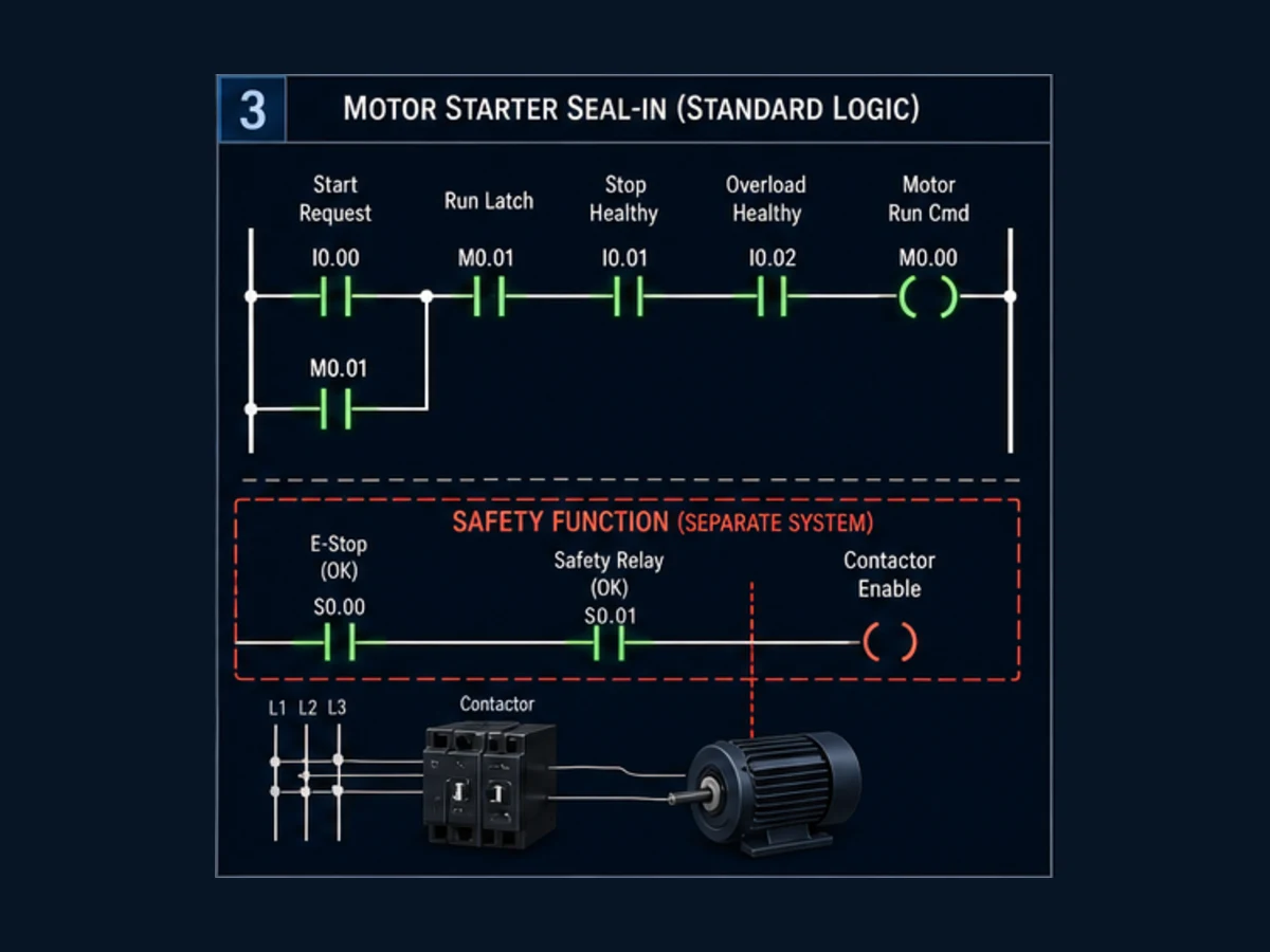 Conceptual Omron standard ladder seal-in with start run latch stop healthy overload healthy and motor run command separated from certified safety relay and contactor enable