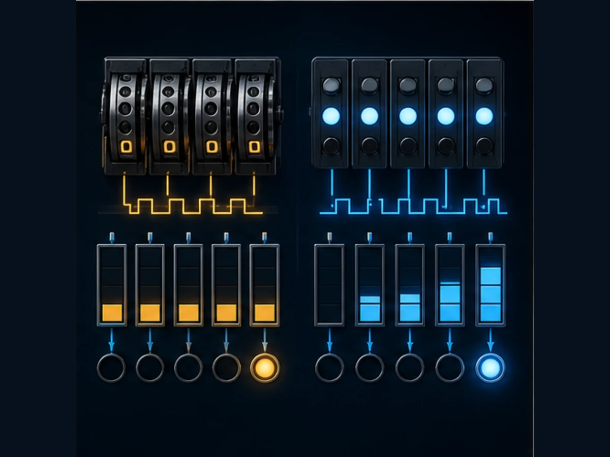 Conceptual comparison of decimal-wheel BCD and binary-bit counter presets feeding different threshold states