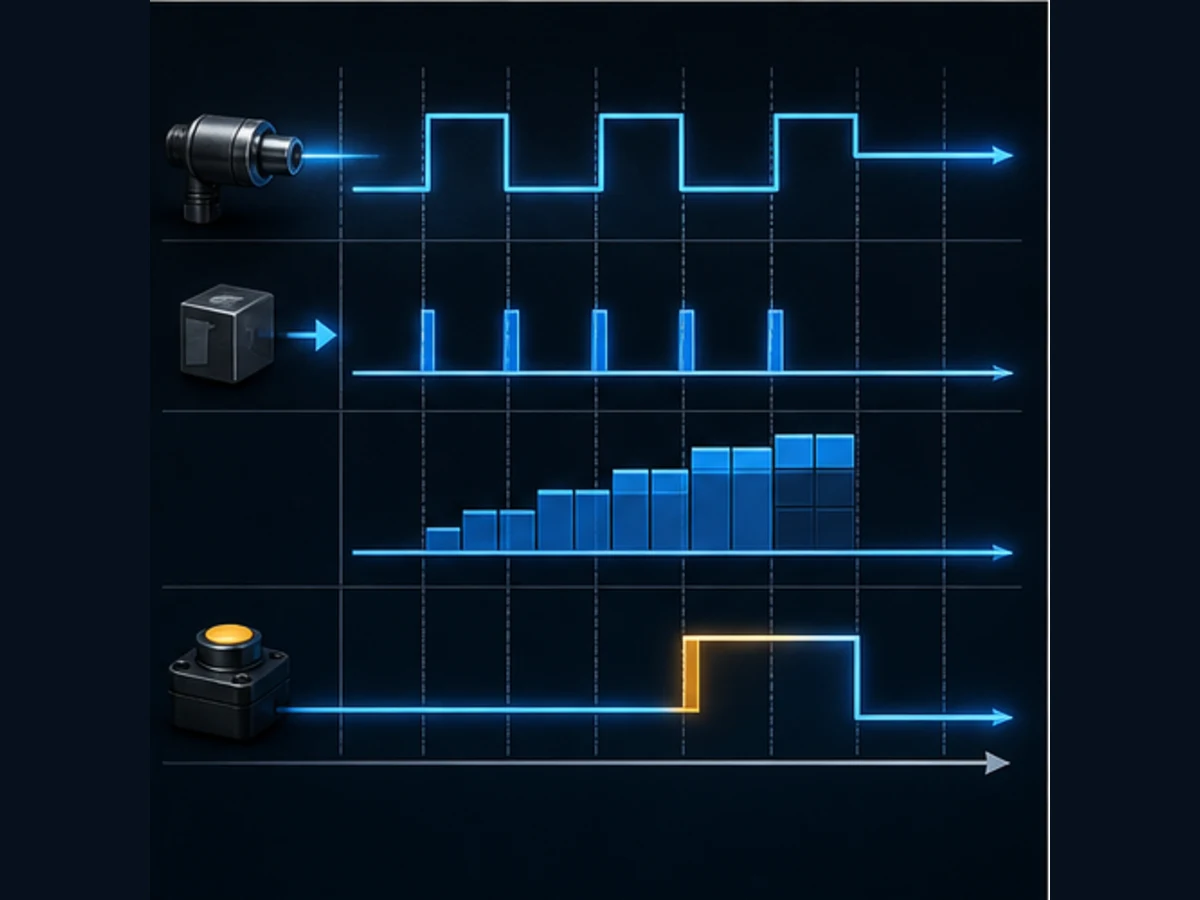 Conceptual scan trace connecting a sensor level to one-scan rising-edge pulses, stepped counter state and reset-priority output