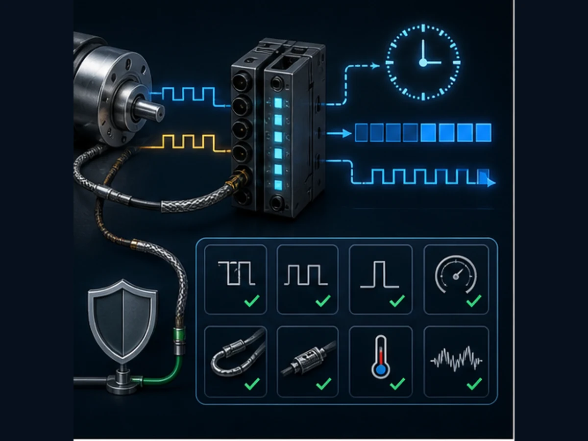 Conceptual high-speed encoder diagnostic bench showing two pulse phases, shielded cable, counter module, task clock and evidence indicators