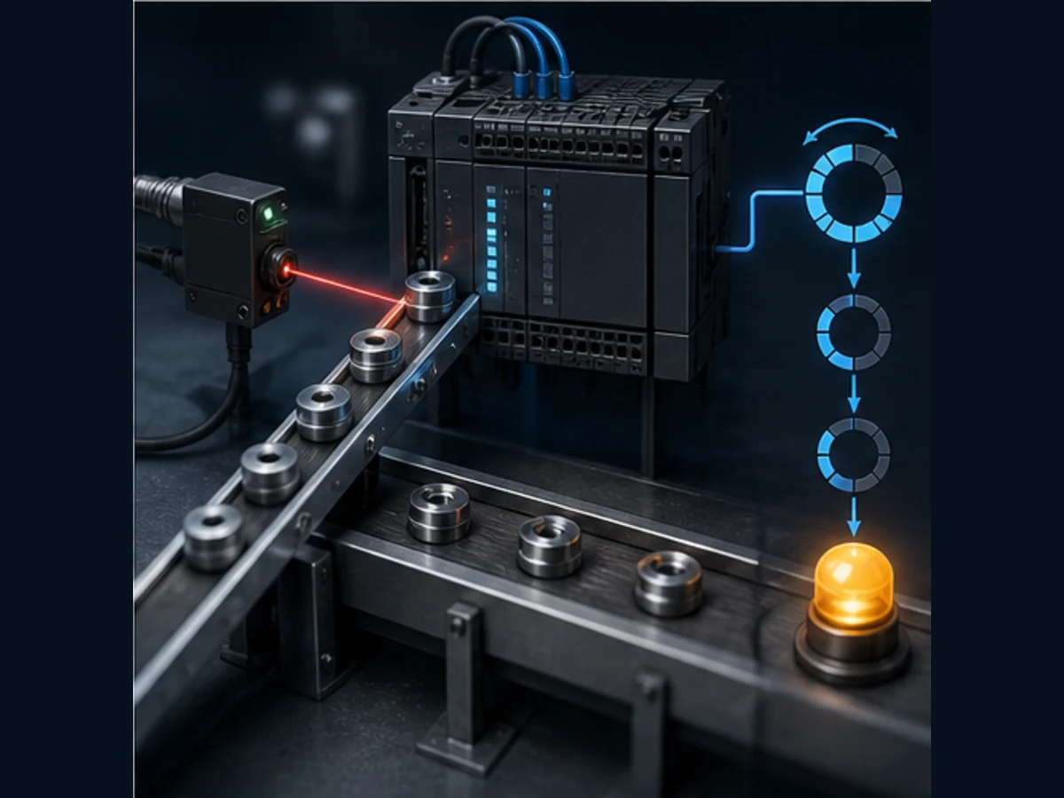 Conceptual Omron-family PLC receiving photoelectric part pulses and driving a batch-complete indication as the counter progresses