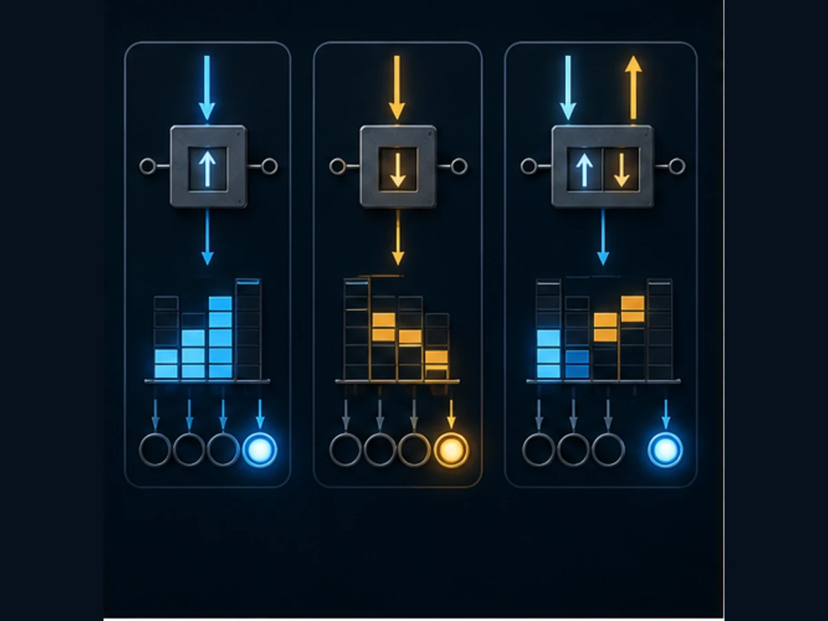 Conceptual comparison of modern up-counter, down-counter and up-down counter blocks with separate signal and current-value paths