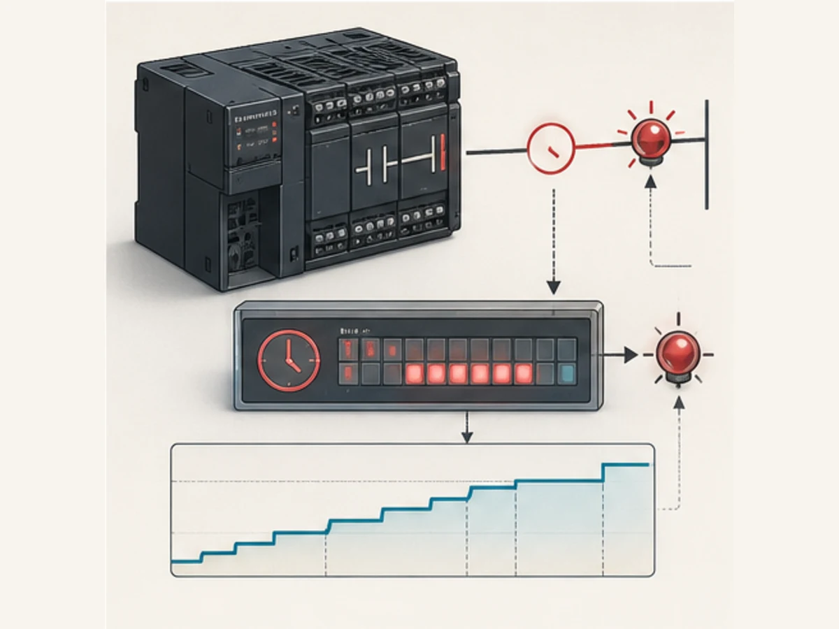 Conceptual Omron-family PLC timer path from an enabled ladder condition through a present-value display to a completion indication and scan trace