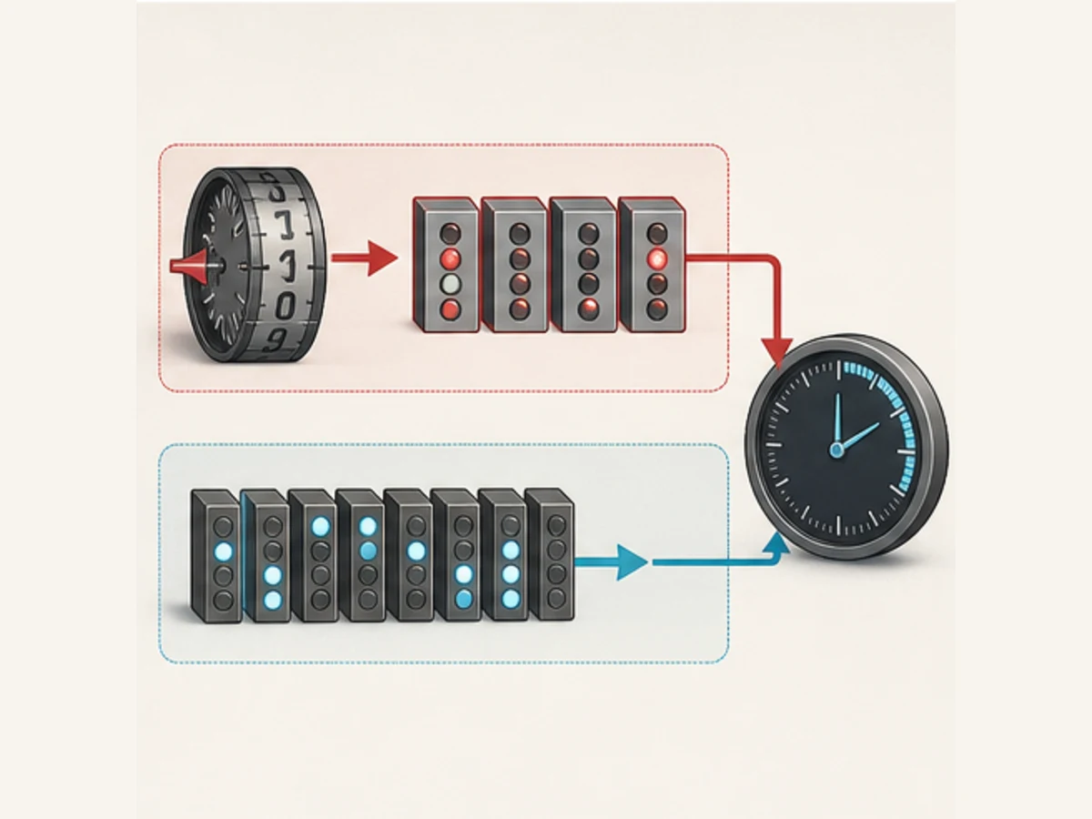 Conceptual comparison of a decimal-wheel BCD timer preset and a binary-bit preset producing different durations at one PLC timer