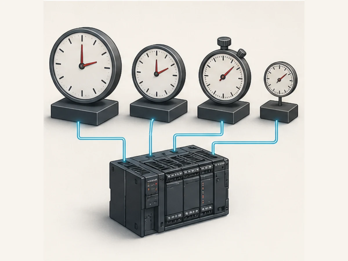 Conceptual Omron timer-family selection showing clocks with different resolutions feeding a traditional modular PLC platform