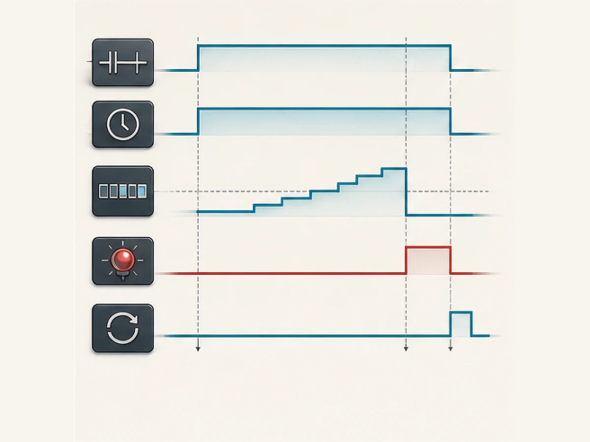 Conceptual scan-by-scan timing trace showing an input transition, accumulating timer state, completion pulse, output state and reset boundary