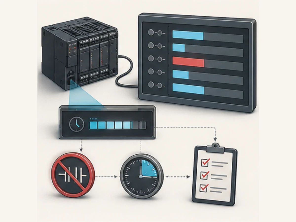 Conceptual Omron PLC timer troubleshooting bench with online state bars, timer progress, inhibit evidence, scan clock and acceptance checklist