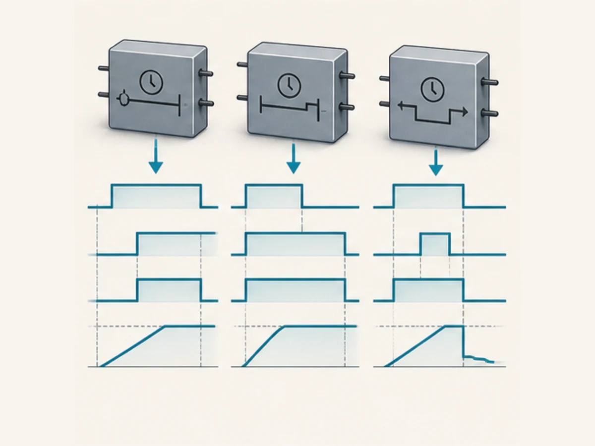 Conceptual comparison of three IEC timer function blocks with distinct on-delay, off-delay and fixed-pulse timing traces