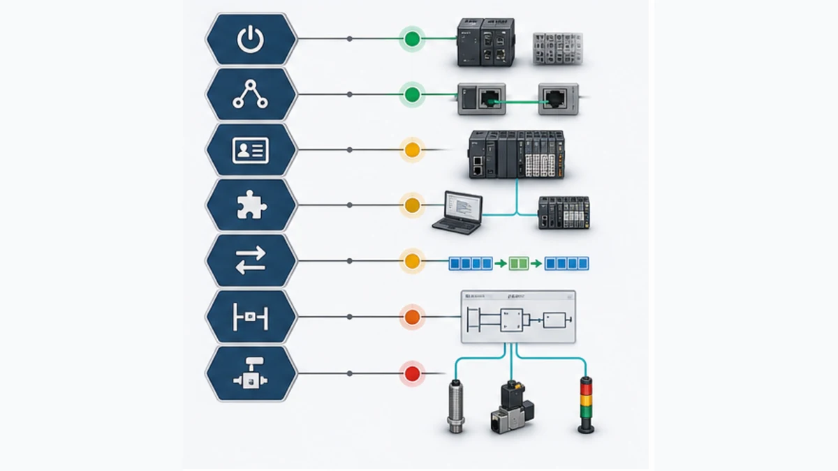 Layered Omron PROFINET diagnostic ladder covering power link device identity configuration cyclic data logic and field behavior