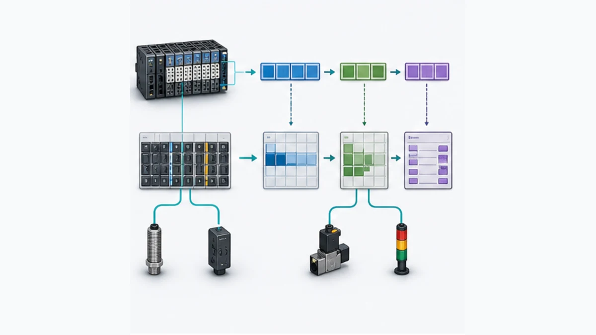 Cyclic PROFINET IO mapping chain from device slot bytes through PLC tags and interlocks to field terminals