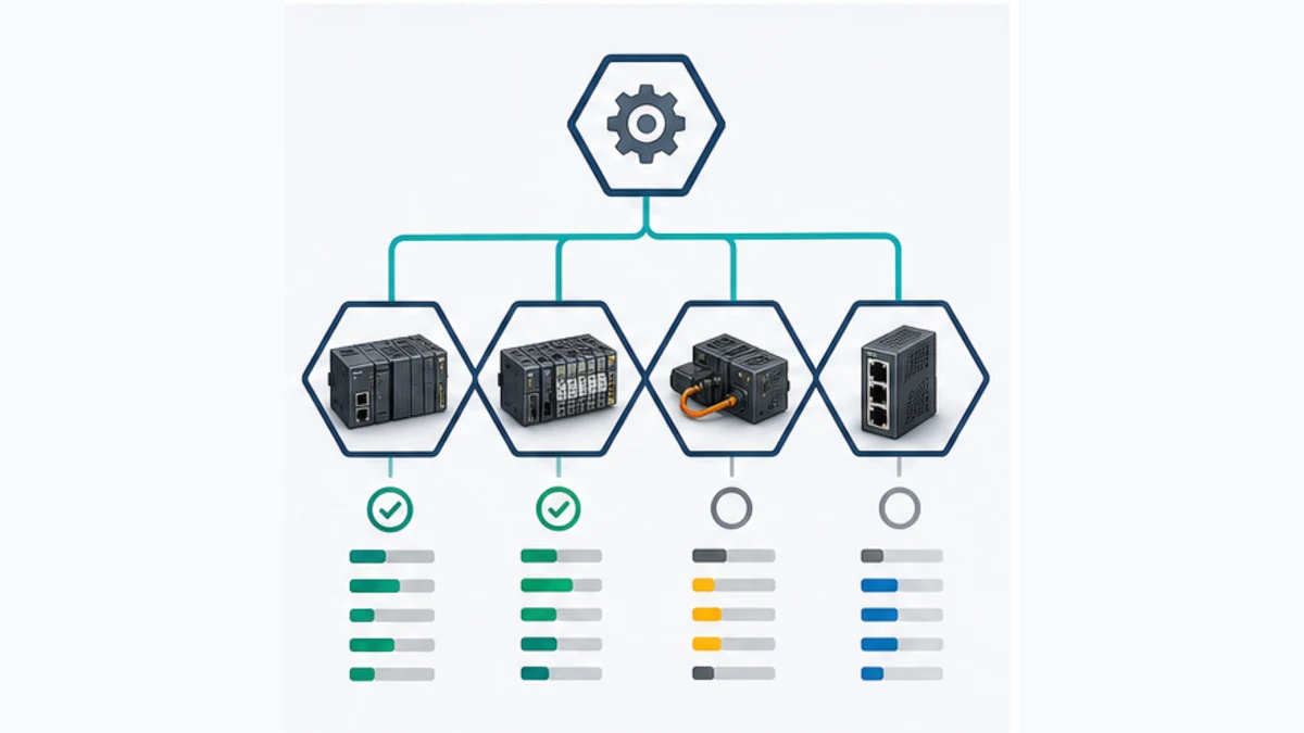 Decision paths for selecting an Omron PROFINET controller unit, remote IO device coupler, native EtherCAT or EtherNet IP architecture
