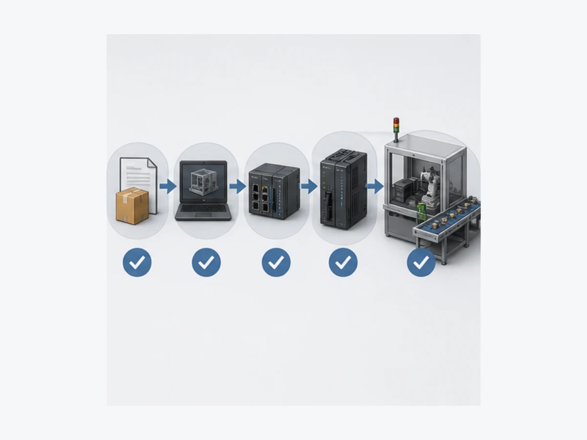 Conceptual staged verification from controlled project package through simulation, vendor target, bench controller and supervised production machine