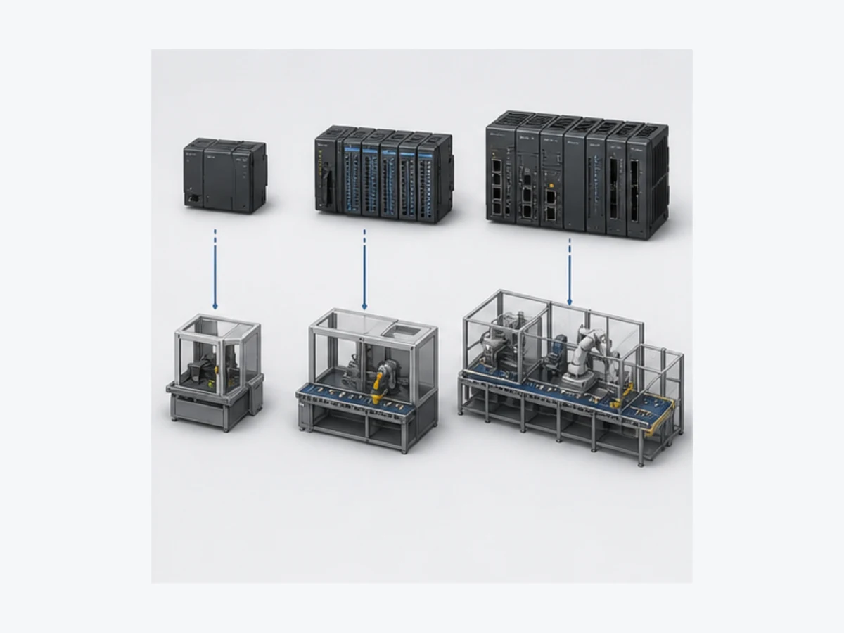 Conceptual progression from compact controller to modular machine controller and high performance line controller matched to increasing machine complexity