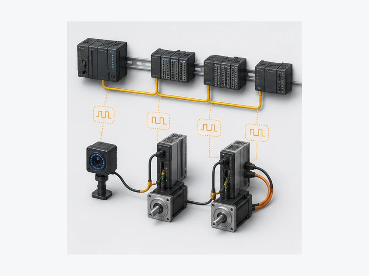 Conceptual EtherCAT line topology connecting a generic machine controller to distributed I O, vision and synchronized servo drives
