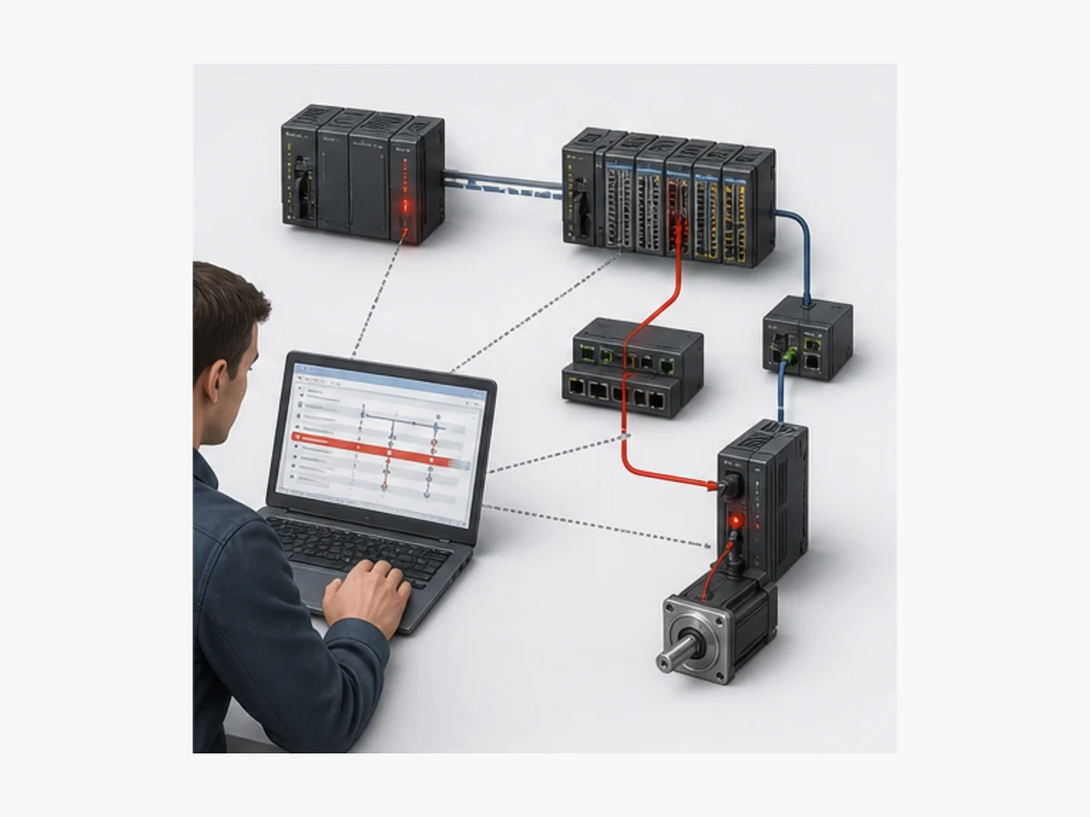 Conceptual engineer tracing a controller fault across event records, I O state, network link, output command and motor feedback