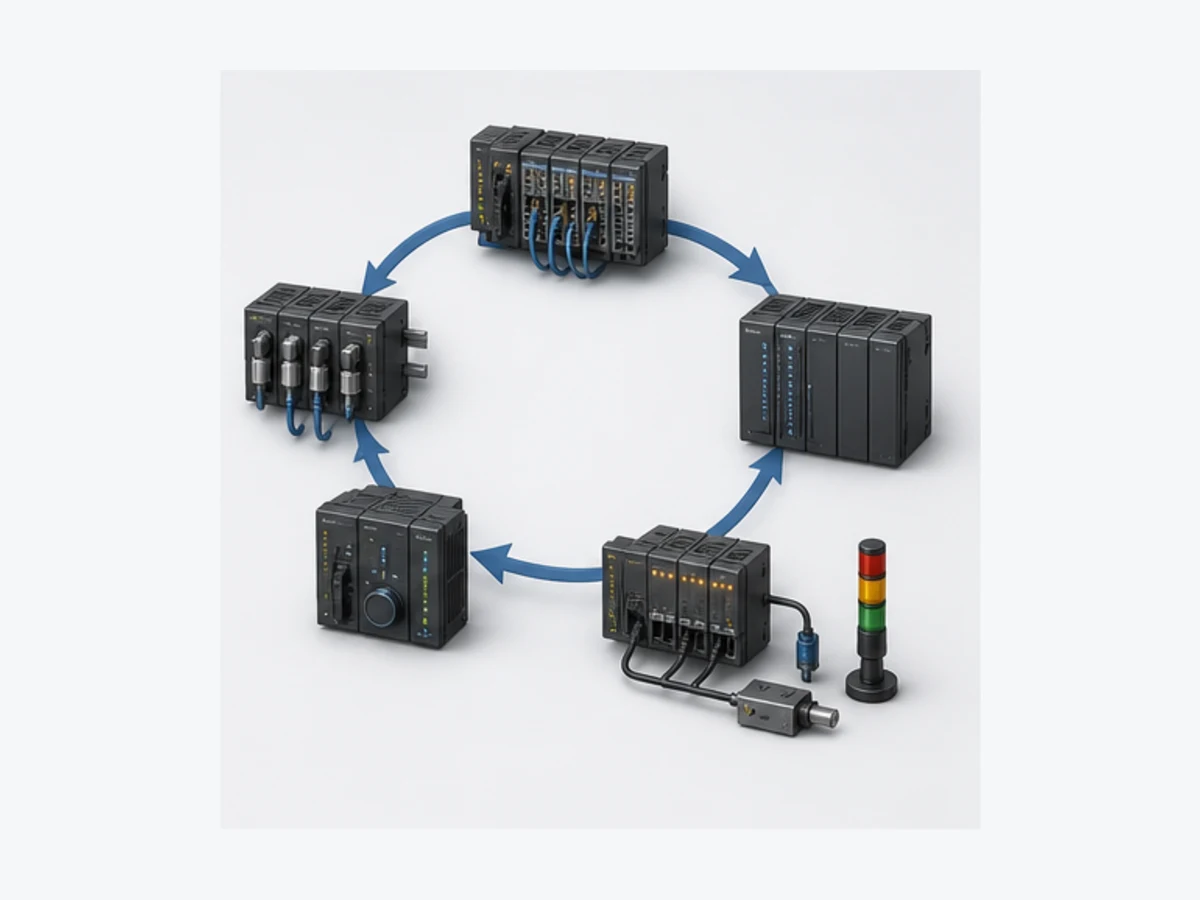 Conceptual cyclic control execution loop joining sampled inputs, scheduled logic, output commands, machine feedback and diagnostics