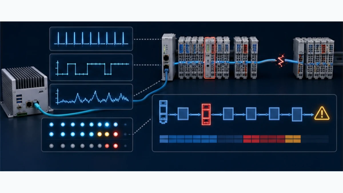 Conceptual OpenPLC EtherCAT diagnostics showing cycle timing working counter mismatch a broken downstream segment and one configuration mismatch