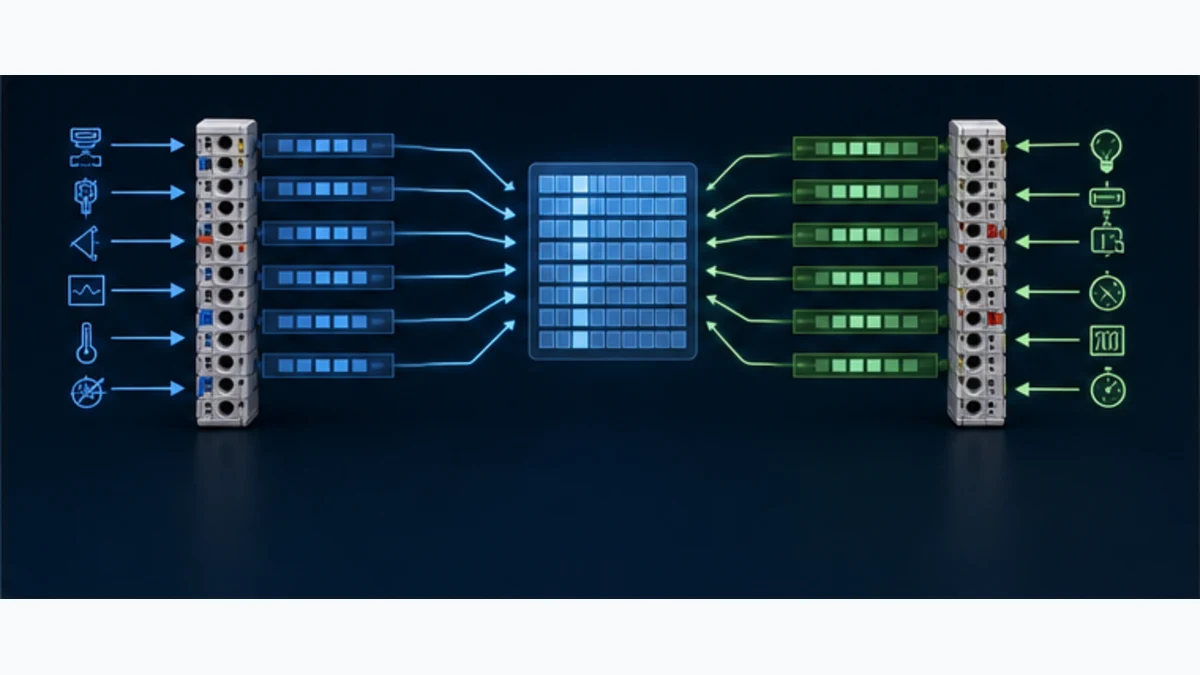Conceptual EtherCAT PDO input and output channels mapped through a process image into typed OpenPLC IEC variables