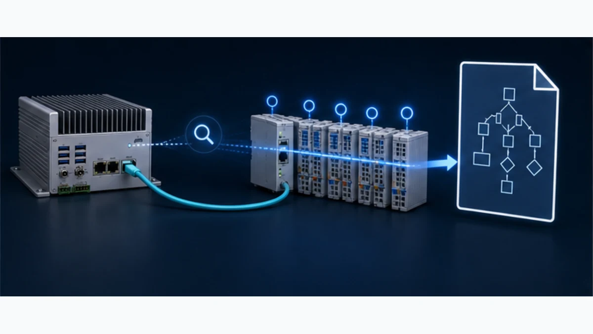 Conceptual OpenPLC EtherCAT scan comparing a physical SubDevice line with a controlled ESI XML device description