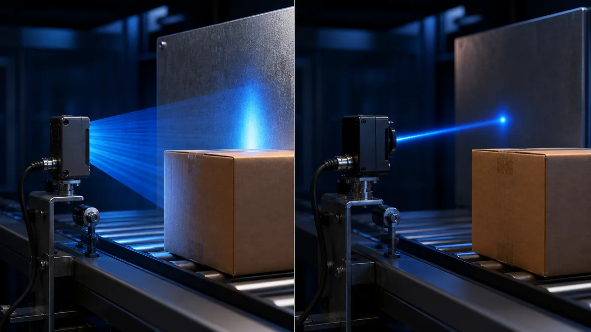 Side-by-side diffuse light-return and background-suppression target-plane tests on a carton with a farther metal panel
