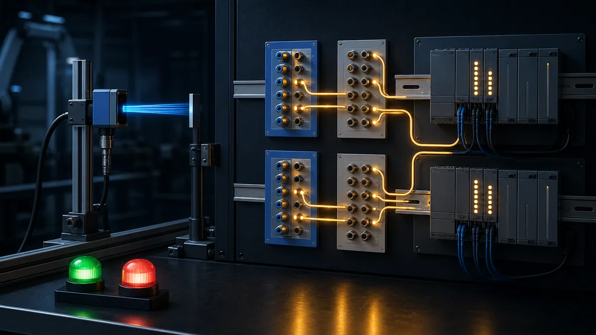 Protected sensor and PLC input training rack separating optical light state from PNP and NPN current paths and machine-state indicators