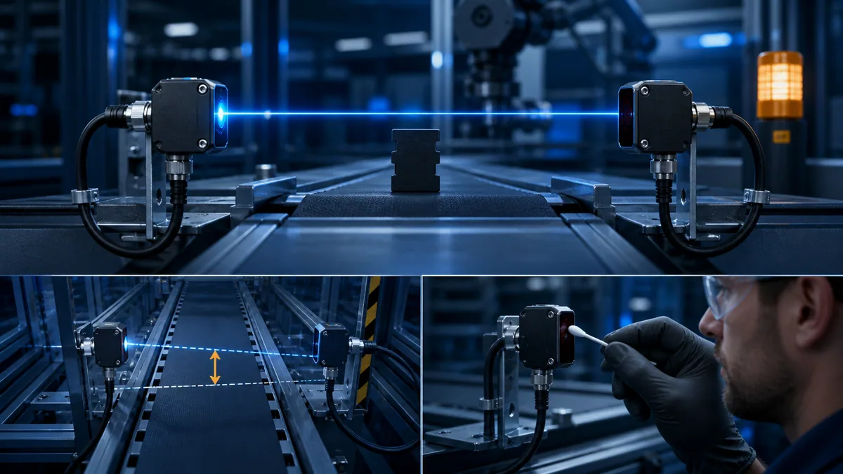 Separate emitter and receiver testing a small target, vertical alignment tolerance and dirty-lens condition across a conveyor