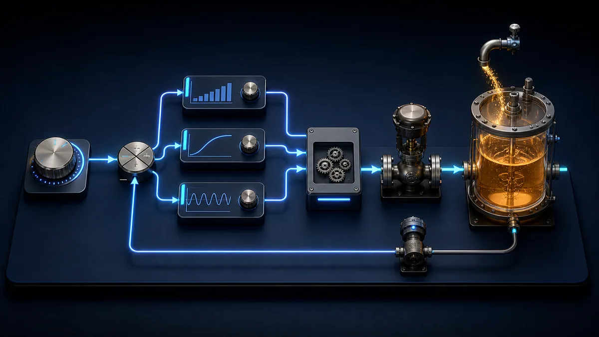 Conceptual closed PID feedback path from setpoint and comparison through controller, valve, process, sensor and disturbance